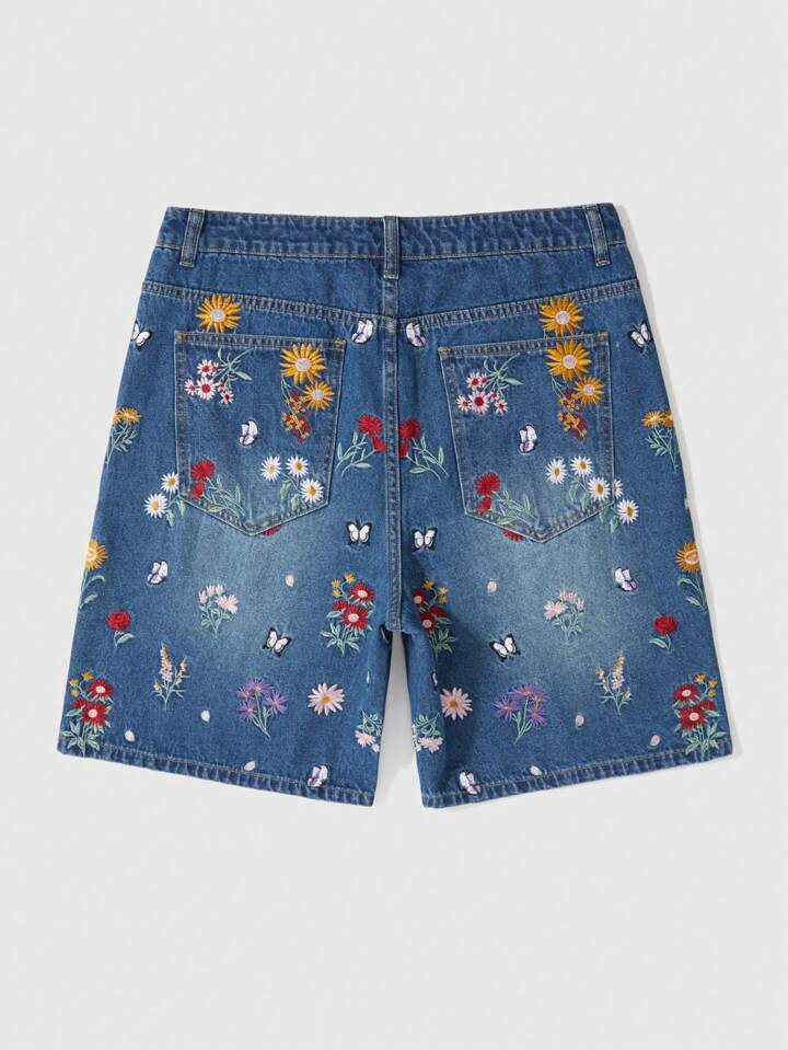 Casual Men's Floral Embroidery Pocket Relaxed Loose Denim Shorts Jorts