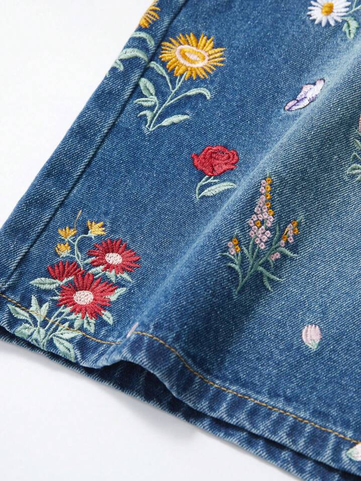 Casual Men's Floral Embroidery Pocket Relaxed Loose Denim Shorts Jorts