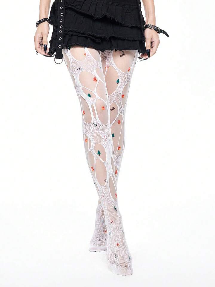 Fairycore 2 Pairs Dopamine Y2K Cartoon Print Sheer Christmas Tree Patterned Tights & Fishnet Stockings Combo, Can Be Worn Separately Or Layered, Suitable For Summer Music Festivals
