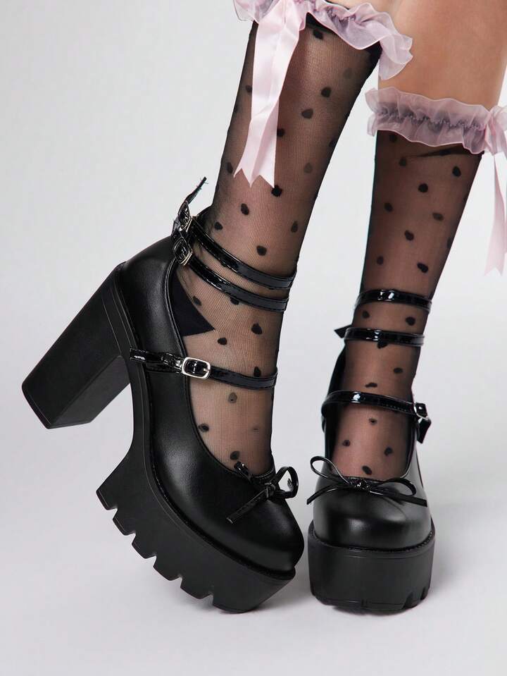 Kawaii Purple High Heel Closed Toe Chunky Heel Mary Jane Pumps With Waterproof Platform And Multi-Strap, Party Dress Shoes For Women For Christmas