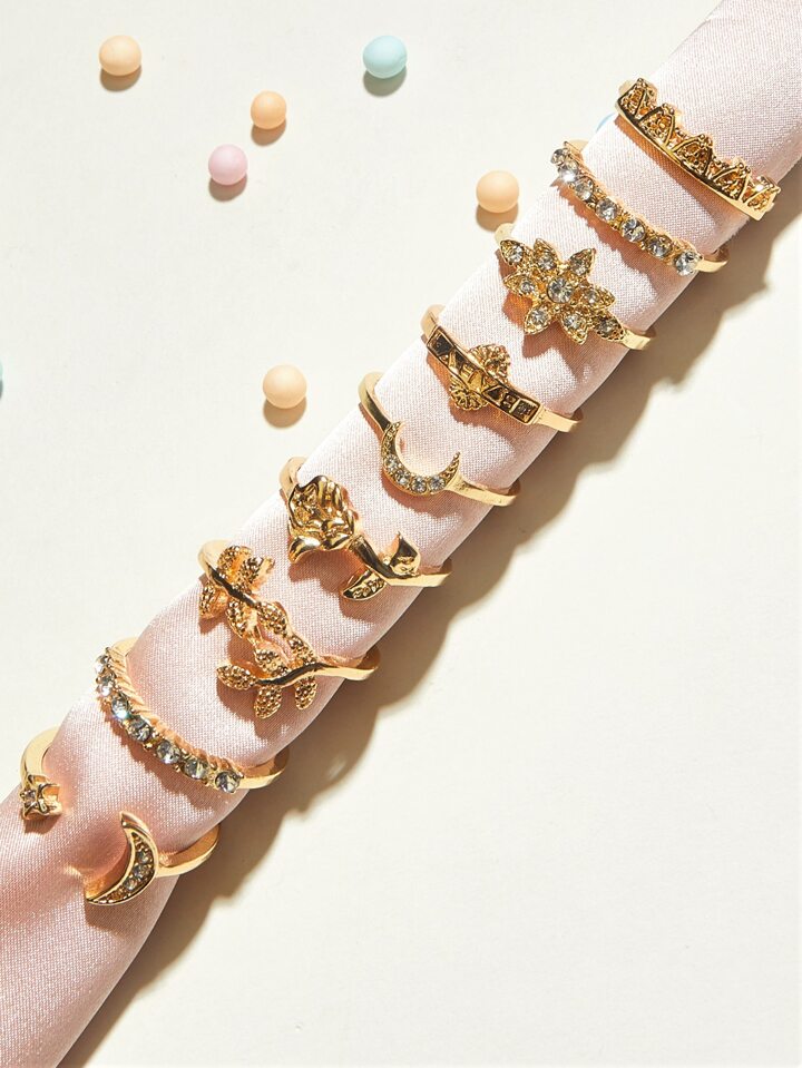 1 Set/9pcs Metal Star, Moon & Flower Shaped Ring Combo