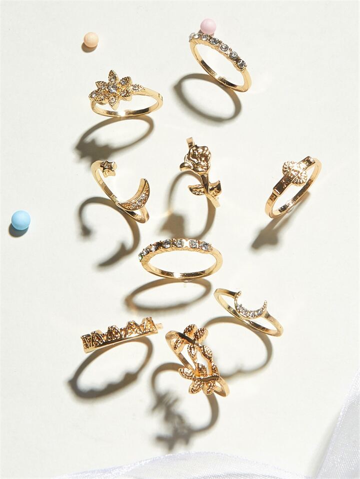 1 Set/9pcs Metal Star, Moon & Flower Shaped Ring Combo