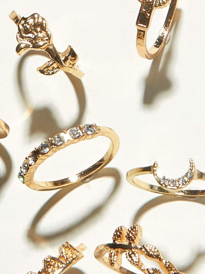 1 Set/9pcs Metal Star, Moon & Flower Shaped Ring Combo