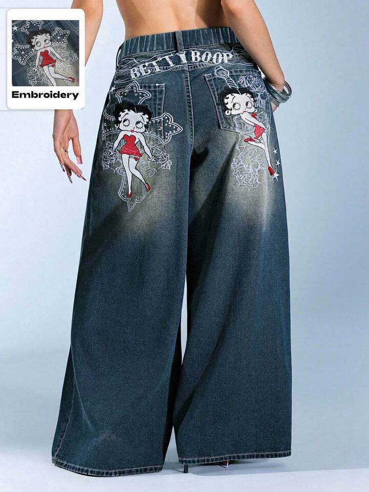 Betty Boop | ROMWE Plus Size Casual Washed Cartoon Figure Embroidered Wide-Leg Jeans