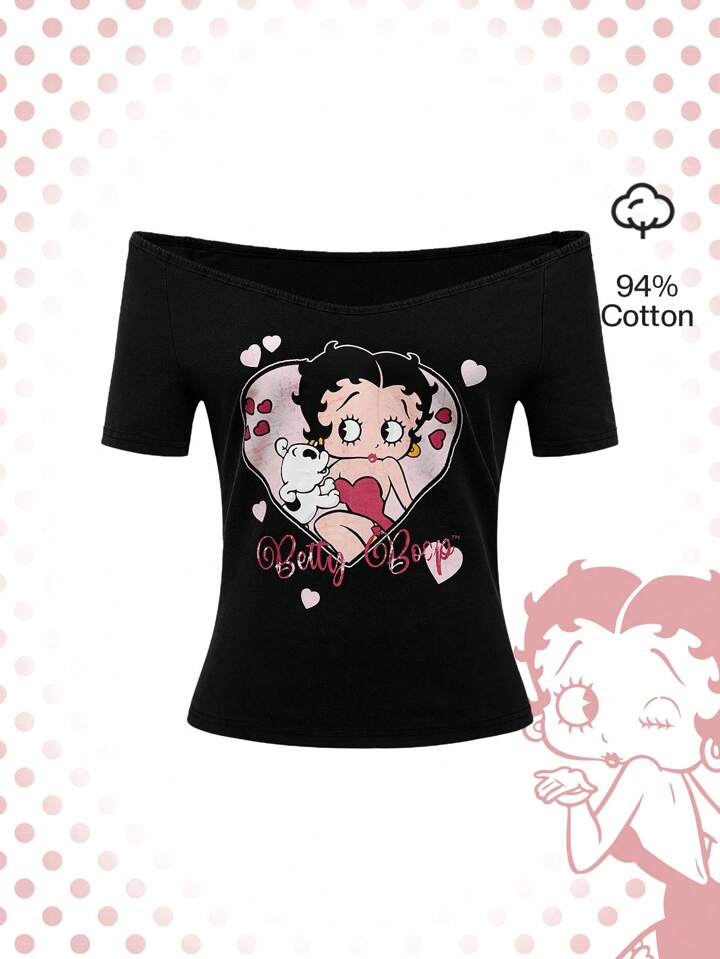 Betty Boop | ROMWE Cute Cartoon Character & Heart Print Slim Fit Off Shoulder Short Sleeve T-Shirt, Summer, School