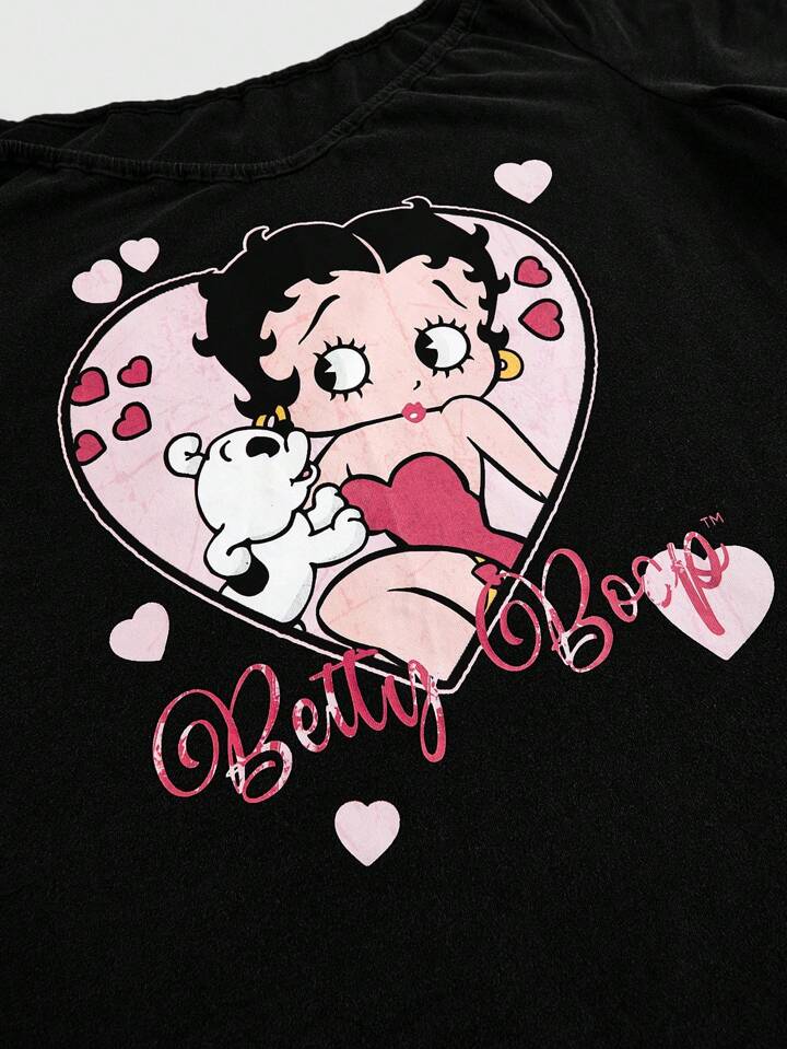 Betty Boop | ROMWE Cute Cartoon Character & Heart Print Slim Fit Off Shoulder Short Sleeve T-Shirt, Summer, School 2 Betty Boop | ROMWE Cute Cartoon Character & Heart Print Slim Fit Off Shoulder Short Sleeve T-Shirt, Summer, School