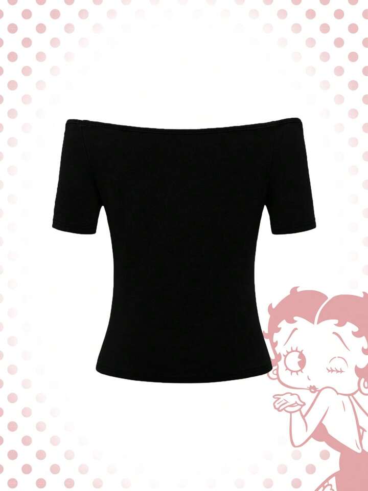 Betty Boop | ROMWE Cute Cartoon Character & Heart Print Slim Fit Off Shoulder Short Sleeve T-Shirt, Summer, School 3 Betty Boop | ROMWE Cute Cartoon Character & Heart Print Slim Fit Off Shoulder Short Sleeve T-Shirt, Summer, School