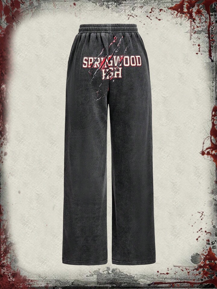 A Nightmare on Elm Street X ROMWE Women's Casual Fashion Street Letter Graphic Drawstring Waist Slant Pocket Loose Wide Leg Sweatpants