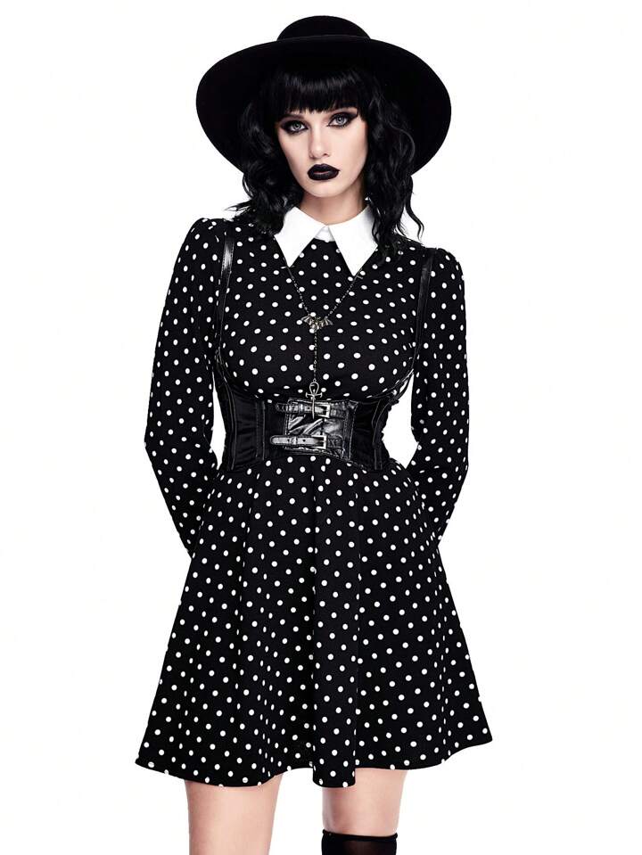 ROMWE Avant Wednesday Cosplay Polka Dot Print Women Dress, Halloween 2 ROMWE Avant Wednesday Cosplay Polka Dot Print Women Dress, Halloween