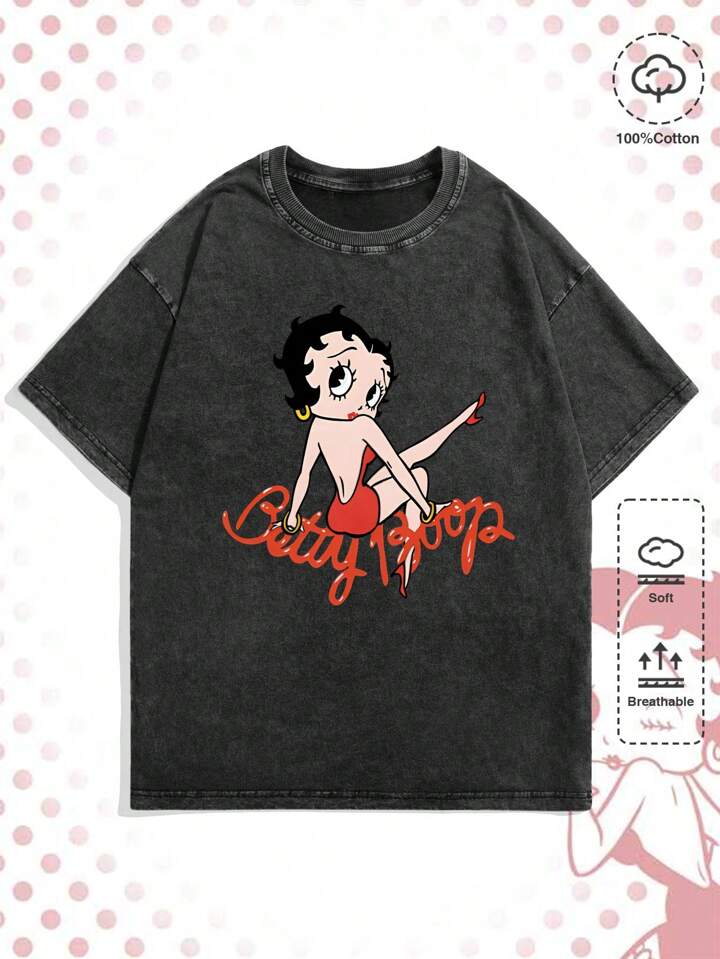 Betty Boop | ROMWE Men's Cartoon & Letter Printed Short Sleeve T-Shirt, Casual, School