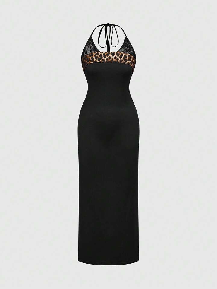 Grunge Punk Y2K Sexy Babe Leopard Contrast Color Lace-Up Side Slit Midi Dress For Women, Summer