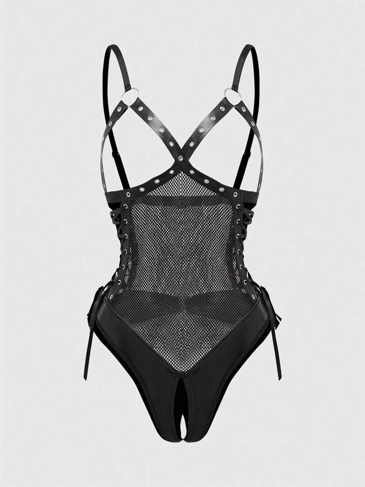 Grunge Punk Sexy Punk Style Eyelet Bind Rope Open Crotch PU Leather Bodysuit