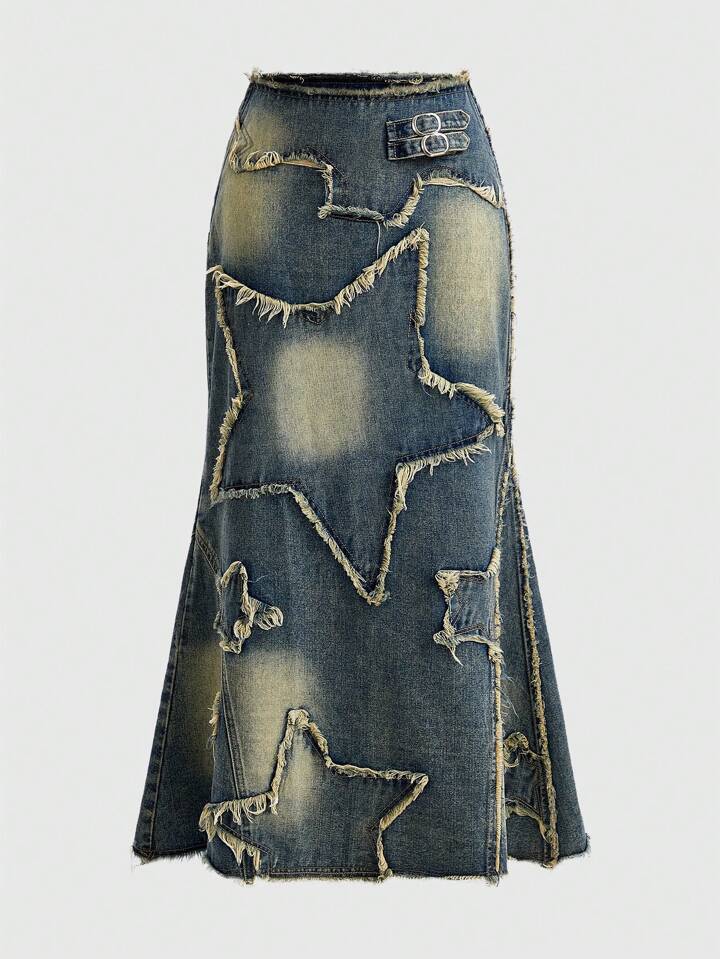 Grunge Punk Star Pattern Raw Trim Denim Skirt, School