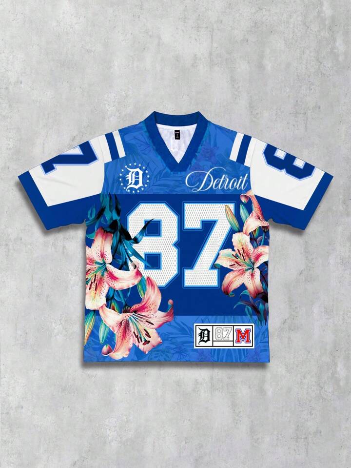 Men's Street Life Casual Numeric & Floral Print V-Neck Short Sleeve T-Shirt