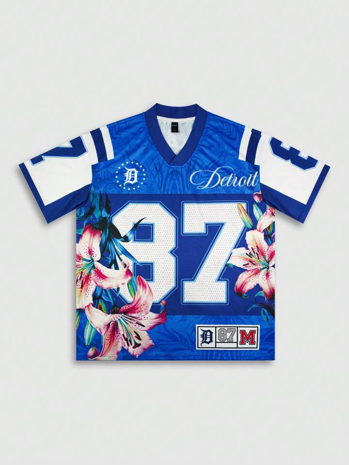 Men's Street Life Casual Numeric & Floral Print V-Neck Short Sleeve T-Shirt