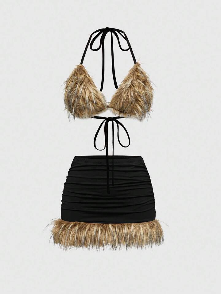 ROMWE Avant Hippie Chic Fuzzy Triangle Cup Super Low Waist Tie Women 2 Piece Set