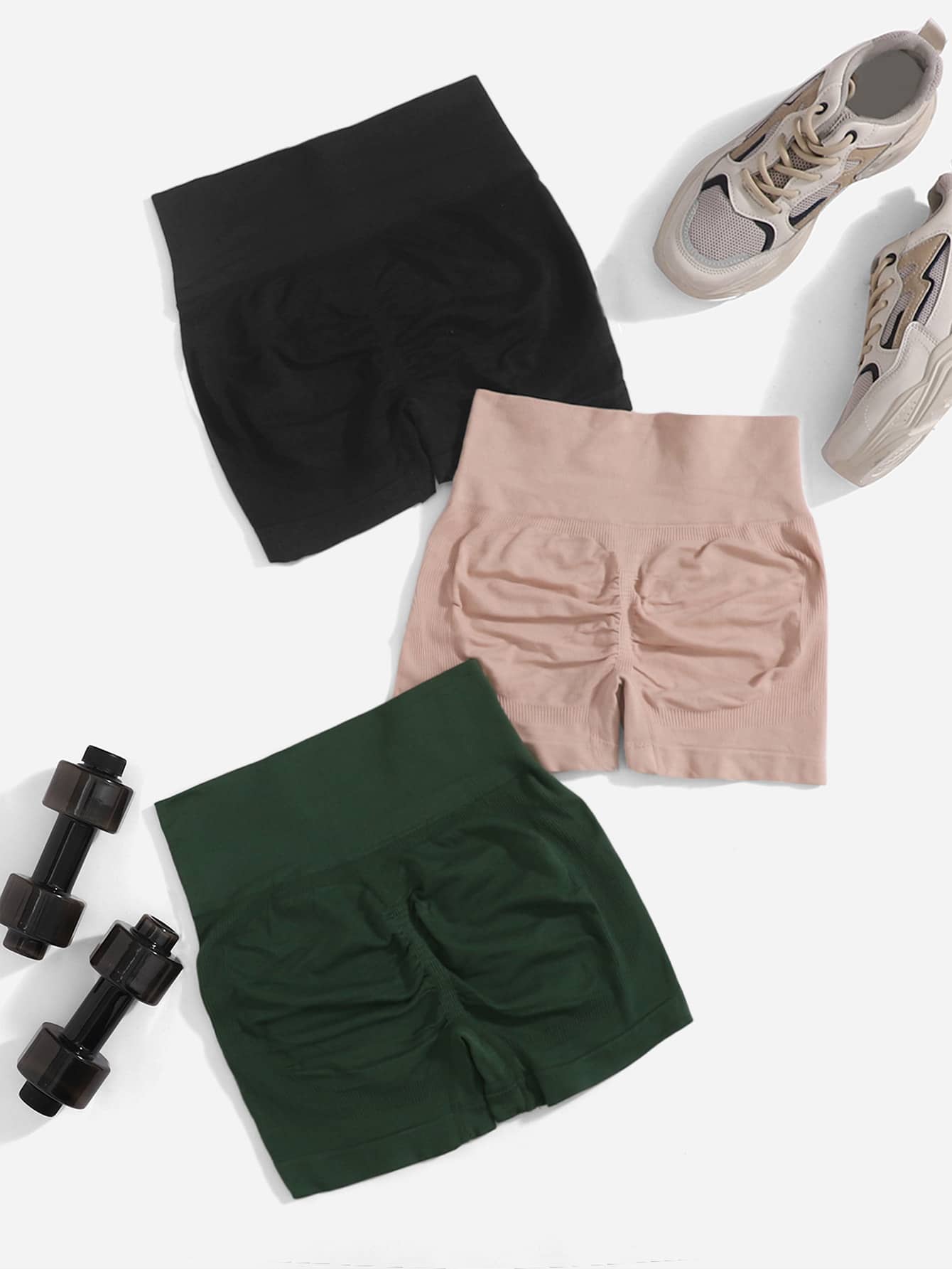 3pcs Softness Breathable Ruched Sports Shorts Stretchy ShortsWomen Sweat Short, Gym Short, Biker Short