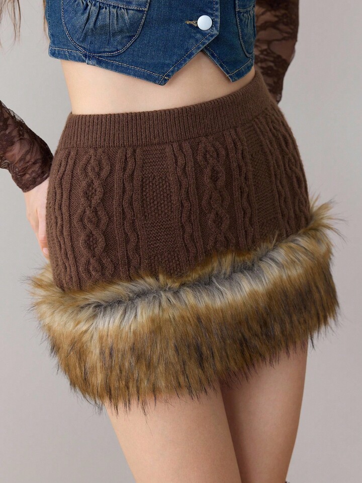 J-Fashion Y2K Versatile Cable Knit Patchwork Fuzzy Hem Mini Sweater Skirt