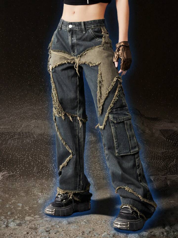Grunge Punk Star Pattern Raw Trim Flap Pocket Cargo Boy Friend Jeans, School