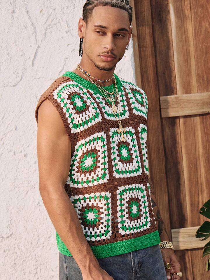 Casual Men's Crew Neck Grandma Plaid Hollow Out Vintage Knit Sweater Vest, Vacation