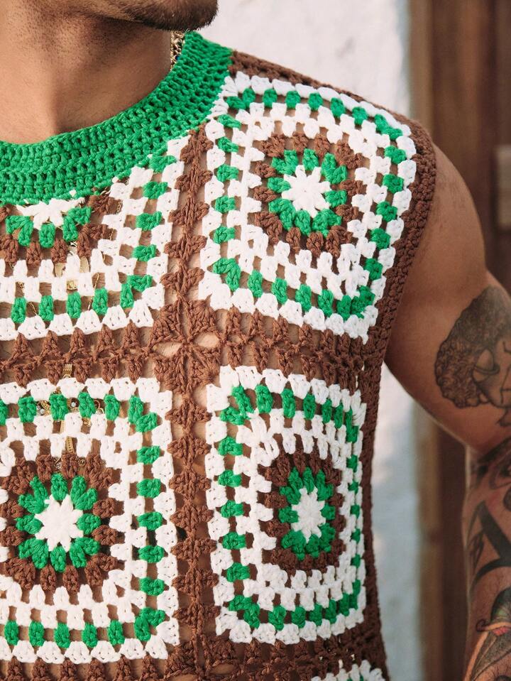 Casual Men's Crew Neck Grandma Plaid Hollow Out Vintage Knit Sweater Vest, Vacation