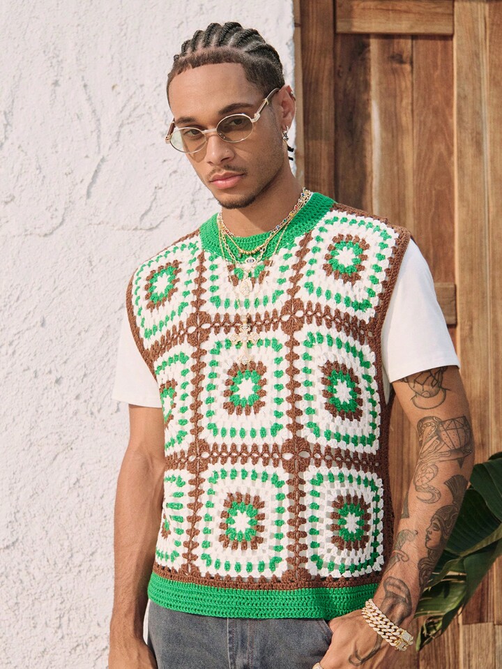 Casual Men's Crew Neck Grandma Plaid Hollow Out Vintage Knit Sweater Vest, Vacation
