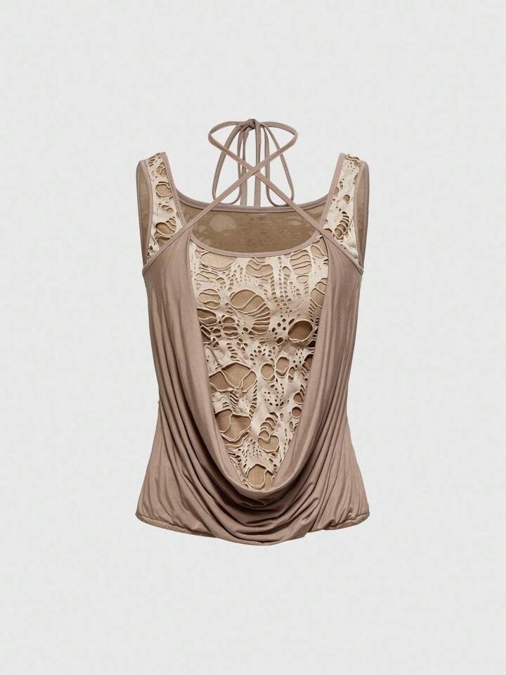 Grunge Punk Y2K Dystopian Punk 2 In 1 Draped Neck Patchwork Distressed Fabric Bodycon Cropped Tank Top