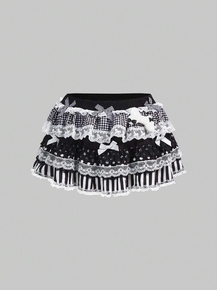 Goth Black & White Polka Dot Piano Key Bow Kawaii Harajuku Style Plus Size Women Skirt