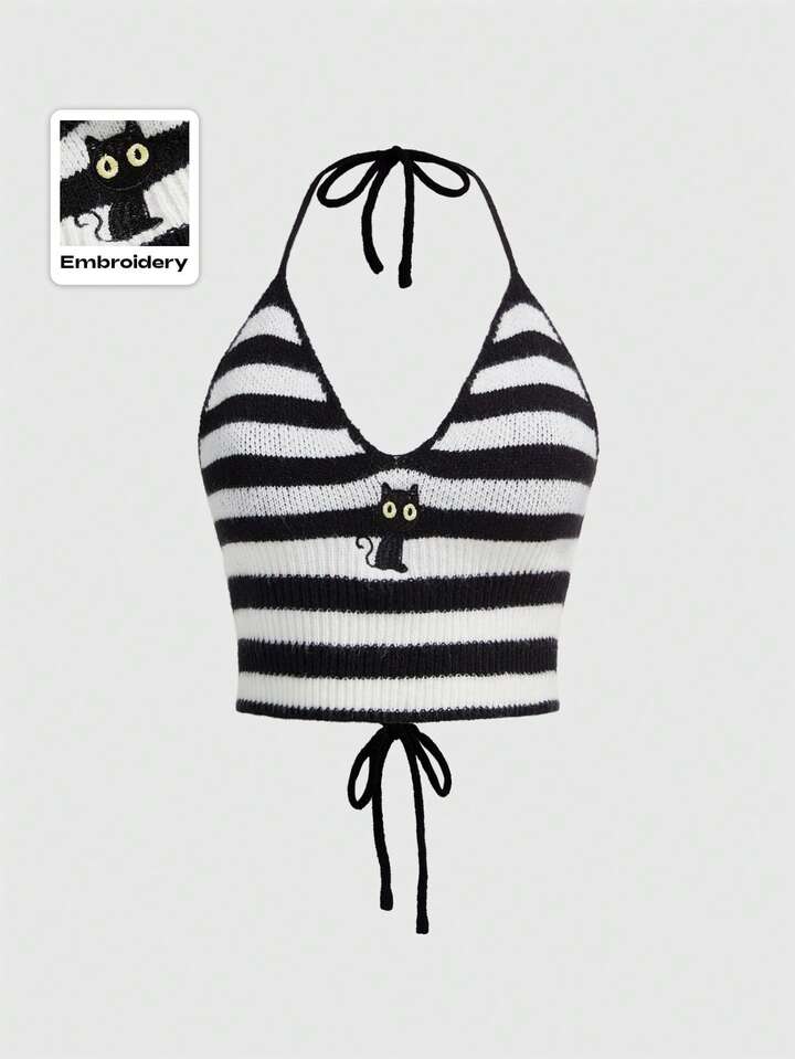 Kawaii Cute Black Cat Embroidery Tie-Neck Knit Top