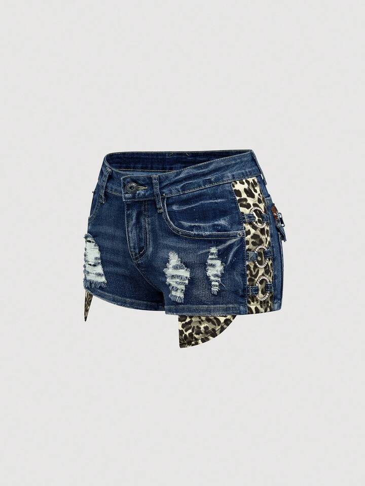 J-Fashion Y2K Gyaru Harajuku Midriff Leopard Print Vintage Low Waist Skinny Super Low Waist Women Denim Shorts