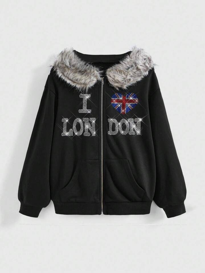 ROMWE Avant Y2K Streetwear Furry Patchwork Word Rhinestone Hooded Sweatshirt Loose Sweatshirt For Women