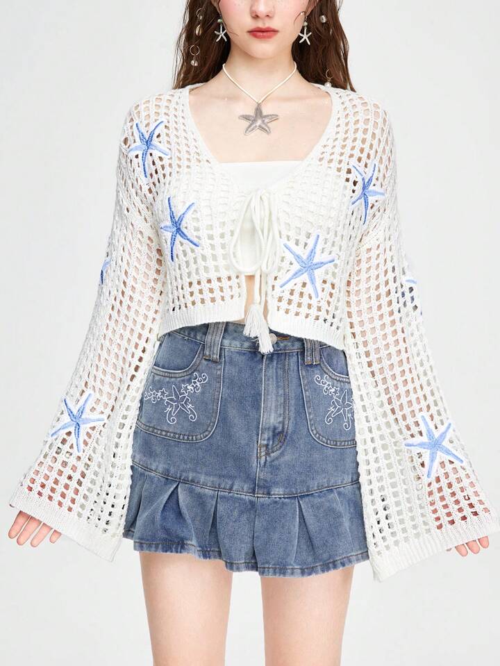 Fairycore Holiday Starfish Embroidery Hollow Out Knitted Short Cardigan With Flare Sleeves 2 Fairycore Holiday Starfish Embroidery Hollow Out Knitted Short Cardigan With Flare Sleeves