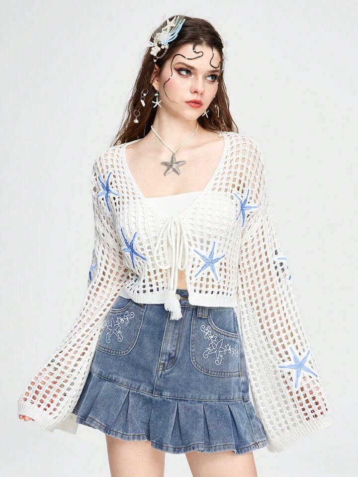 Fairycore Holiday Starfish Embroidery Hollow Out Knitted Short Cardigan With Flare Sleeves 3 Fairycore Holiday Starfish Embroidery Hollow Out Knitted Short Cardigan With Flare Sleeves