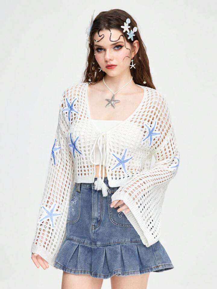 Fairycore Holiday Starfish Embroidery Hollow Out Knitted Short Cardigan With Flare Sleeves 4 Fairycore Holiday Starfish Embroidery Hollow Out Knitted Short Cardigan With Flare Sleeves