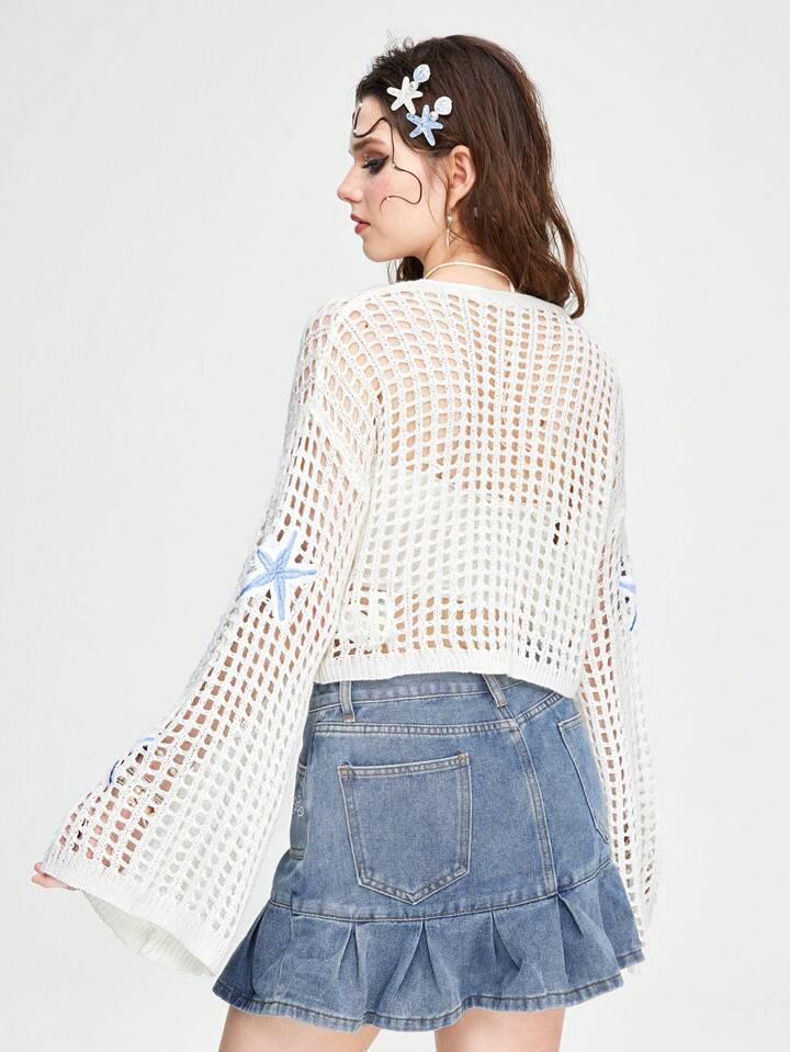 Fairycore Holiday Starfish Embroidery Hollow Out Knitted Short Cardigan With Flare Sleeves 5 Fairycore Holiday Starfish Embroidery Hollow Out Knitted Short Cardigan With Flare Sleeves