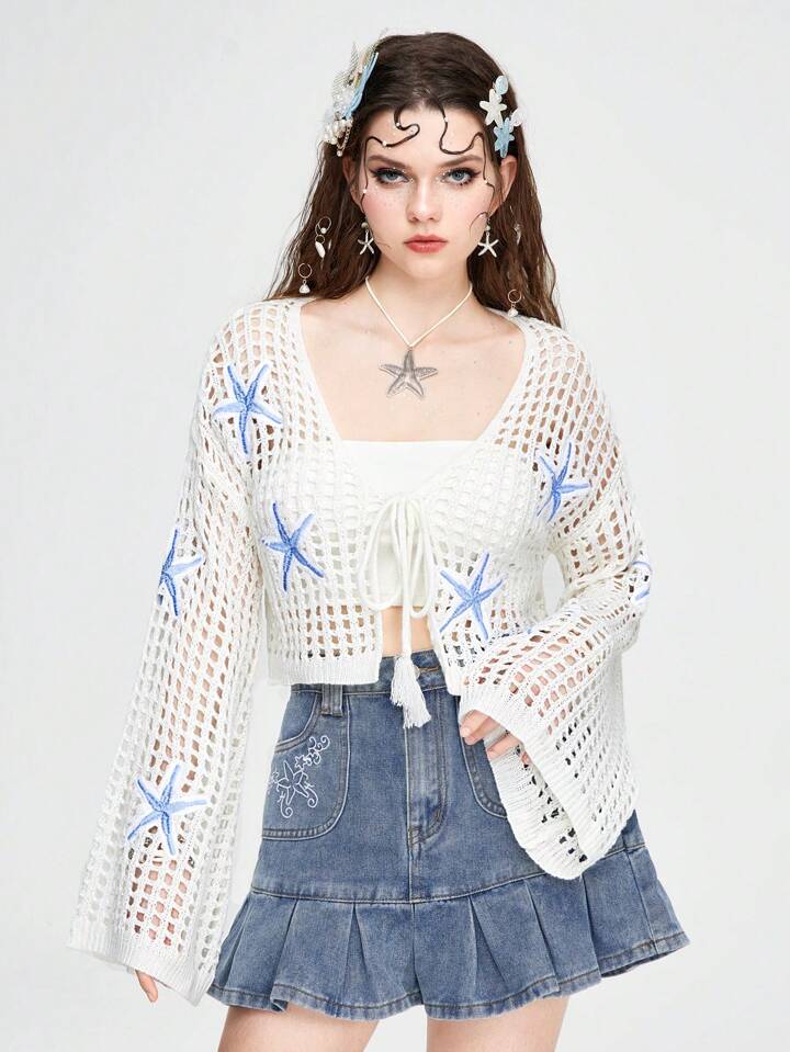Fairycore Holiday Starfish Embroidery Hollow Out Knitted Short Cardigan With Flare Sleeves 6 Fairycore Holiday Starfish Embroidery Hollow Out Knitted Short Cardigan With Flare Sleeves