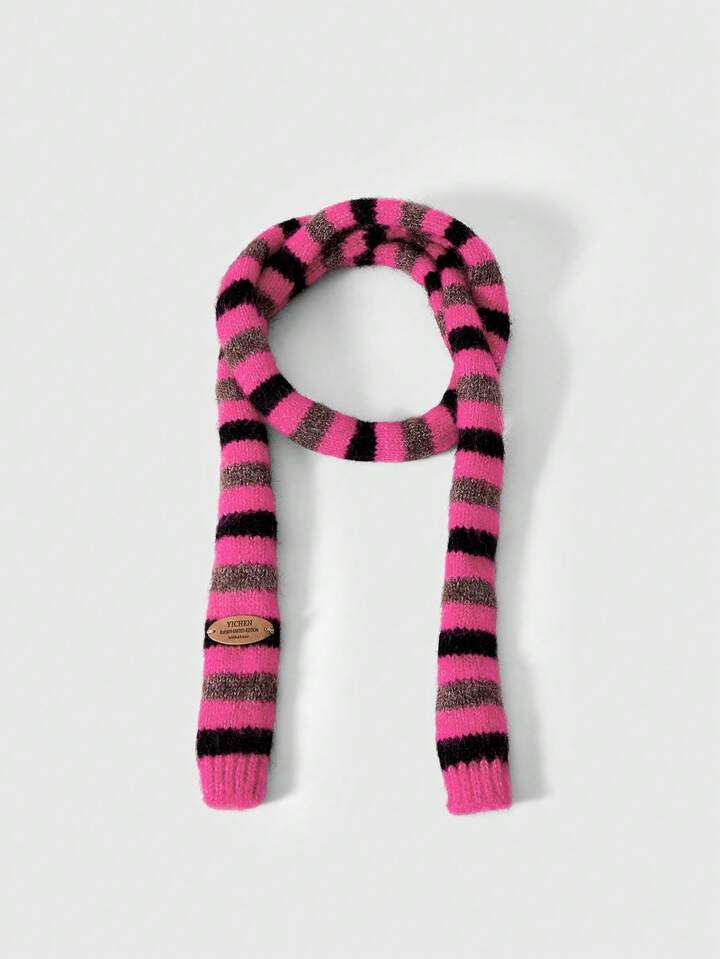 Anime 1pc Black & Pink Y2K Punk Kawaii Sweet Vintage Striped Patchwork Contrast Color Fashion Simple Women Scarf, Suitable For Street, Campus, Commute, Etc.