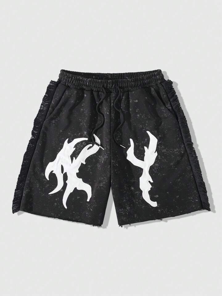 Men's Street Life Loose Fit Fringe Hem Embroidered Graphic Shorts