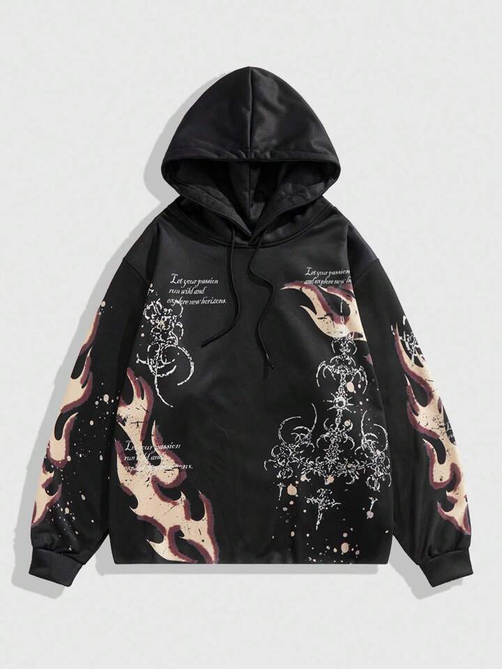 Anime Men's Fashion Flame & Slogan Print Hooded Sweatshirt