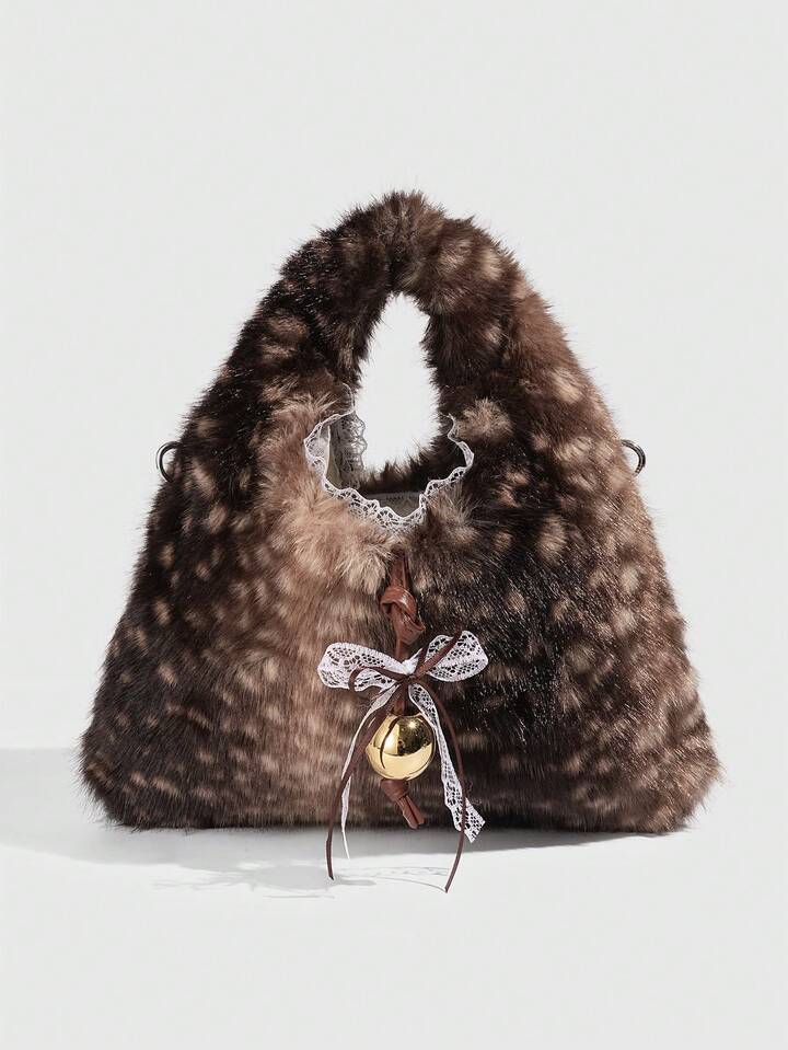 Kawaii 1pc Cute Little Deer Patterned Fluffy Handbag With A Triangular Shape, A High-Quality Lace Edge Decoration Crossbody Bag, A Fashionable Autumn And Winter Item