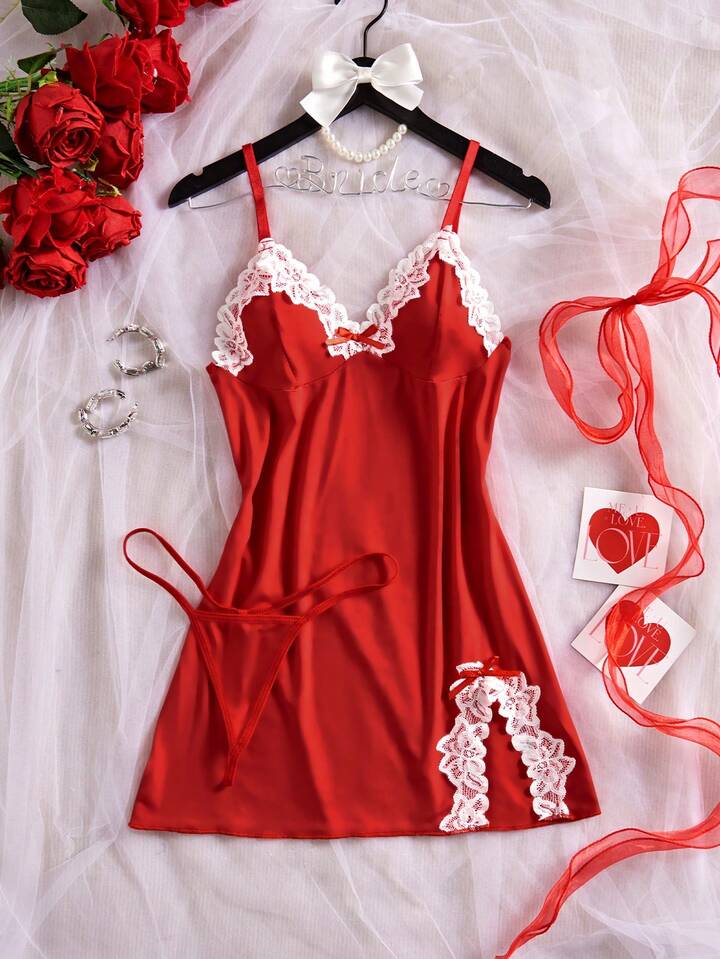 Kawaii Lace Contrast Split Sexy Sleepwear Dress With G-String, Women Lingerie Suspender Nightgown, Rave For Going Out, For Valentine's Day