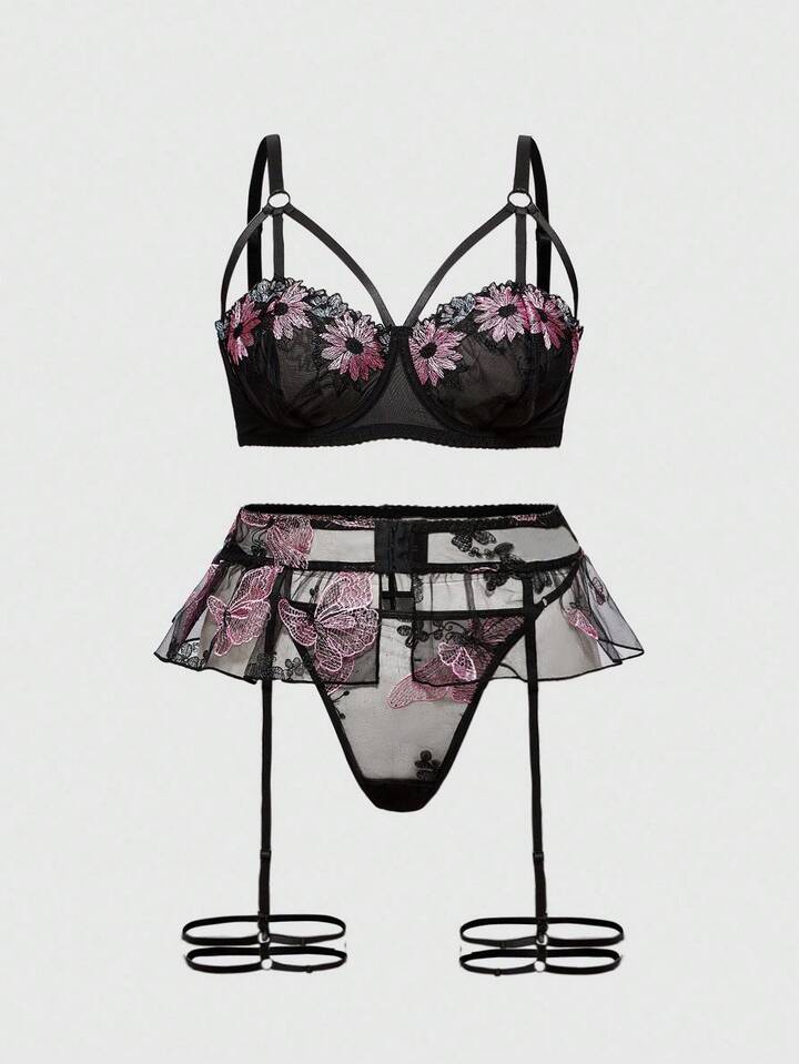 Fairycore 3pcs/Set Plus Size Sexy Lingerie With Floral Embroidery