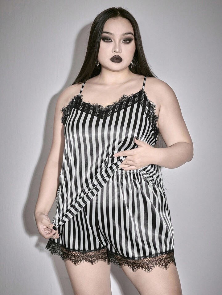 Goth Plus Size Tie-Dye Striped Lace Trim Cami & Shorts Pajama Set
