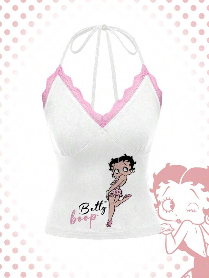 Betty Boop | ROMWE Women's Cartoon Character And Letter Printed Contrast Lace Halter Top, Summer