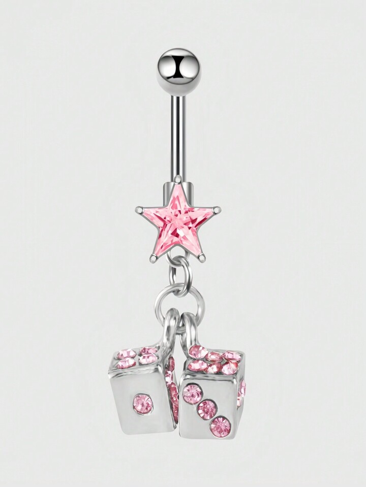 Kawaii 1pc Stainless Steel Rhinestone Pentagram Dice Navel Ring Pendant For Women