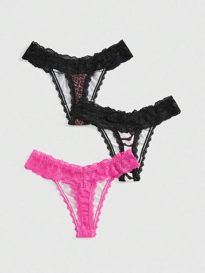 J-Fashion 3 Pieces/Set Y2K Gyaru Harajuku Leopard & Zebra Striped Print Contrast Color Lace G-String Panties