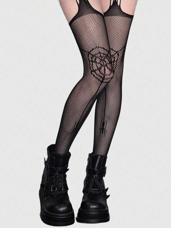 Grunge Punk 1 Pair Sexy Minimalist Black Solid Color Suspender Stockings, Spider Web Pattern Sheer Tights, Ultra-Thin Elastic Opaque Pantyhose