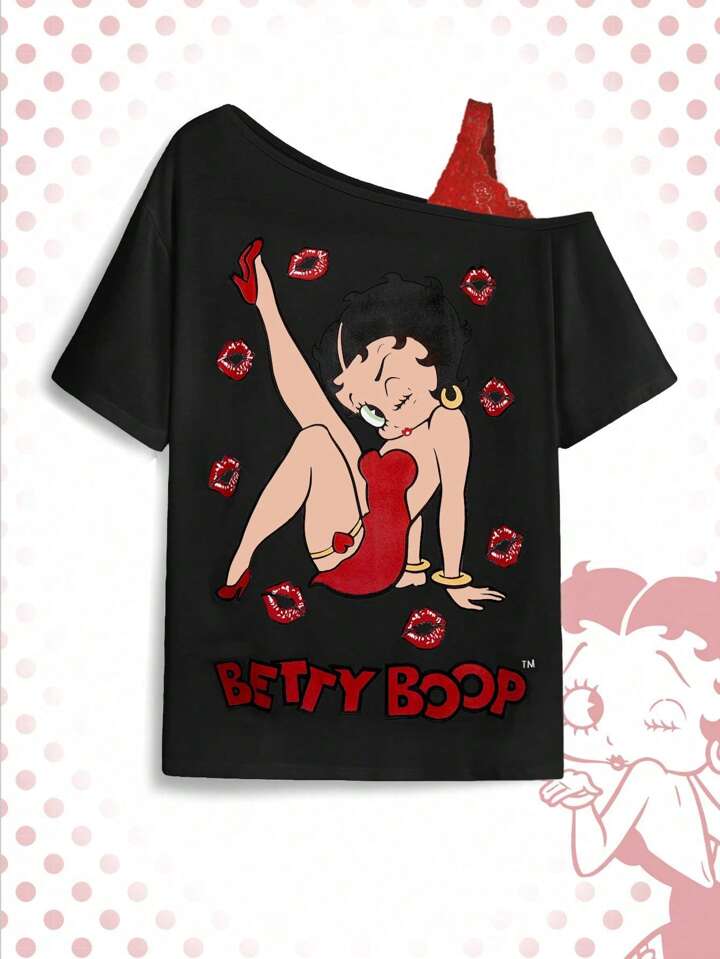 Betty Boop | ROMWE Summer Cartoon Character And Letter Printed Asymmetrical Neckline Contrast Lace T-Shirt