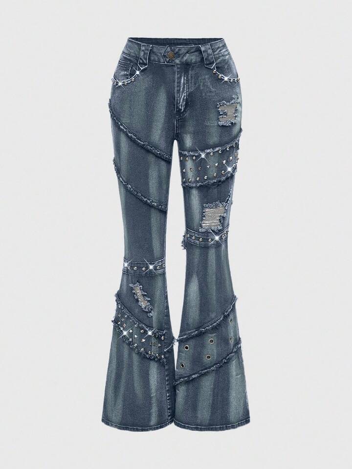 Grunge Punk Y2K Punk Rivet Decor Distressed Vintage Washed Skinny Flare Jeans