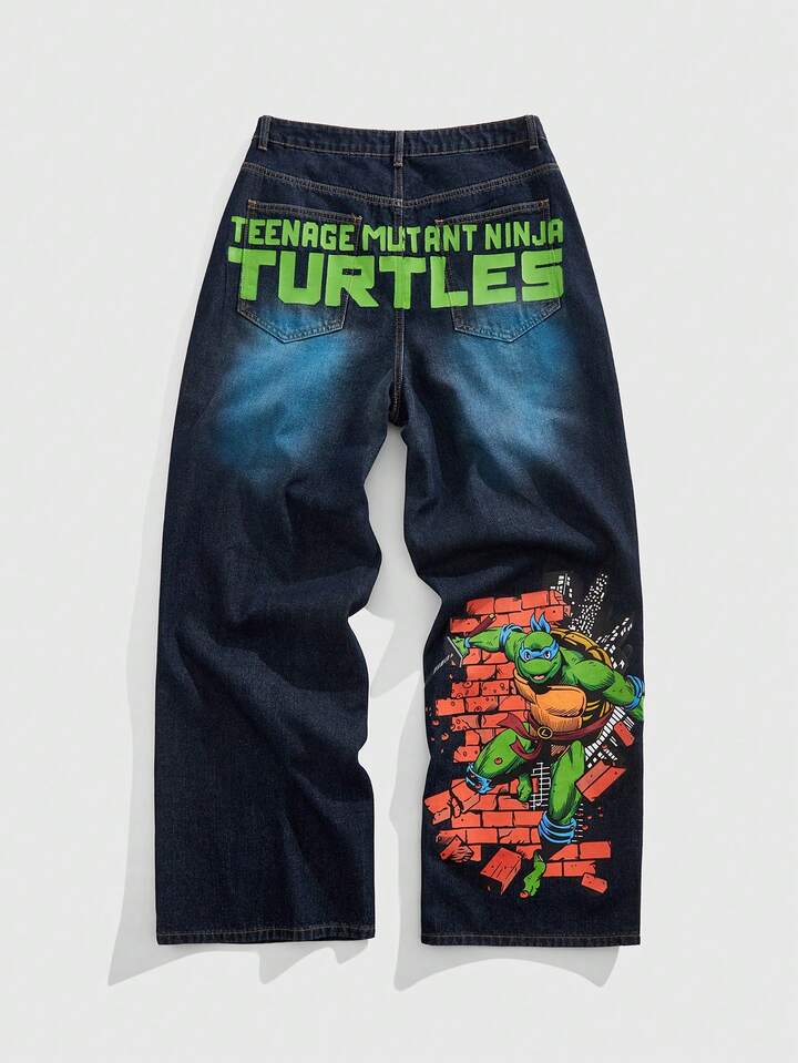 TEENAGE MUTANT NINJA TURTLES X ROMWE Men's Casual Water-Washed Letter & Turtle Print Wide-Leg Jeans